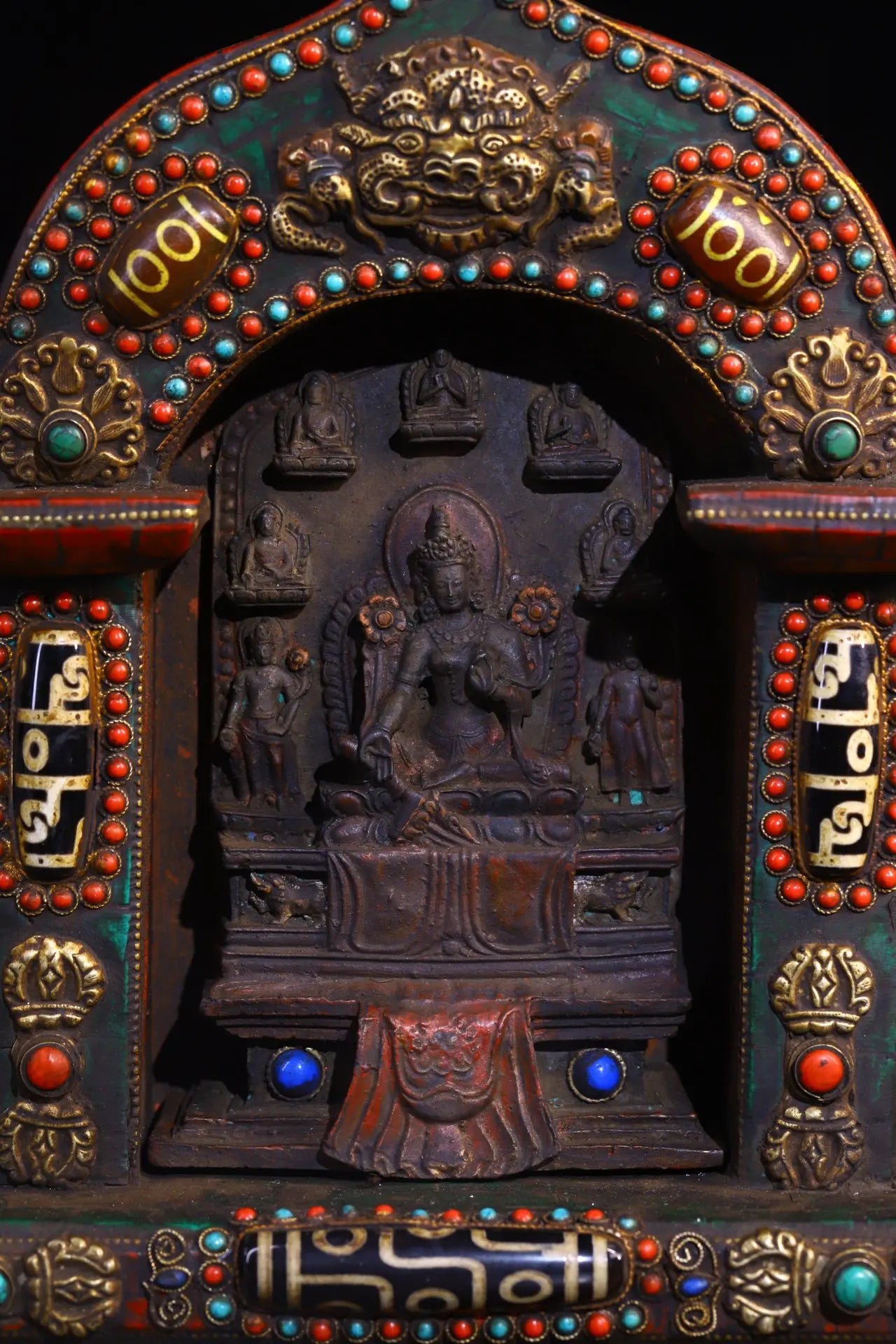 9"Tibet Temple Collection Old Bronze Painted Mosaic Gem gZi Beads Turquoise 8 Tara Statue Buddhist Niche Worship Hall Town house