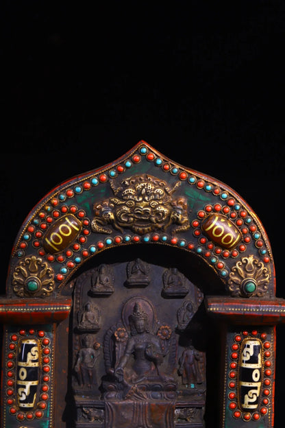 9"Tibet Temple Collection Old Bronze Painted Mosaic Gem gZi Beads Turquoise 8 Tara Statue Buddhist Niche Worship Hall Town house