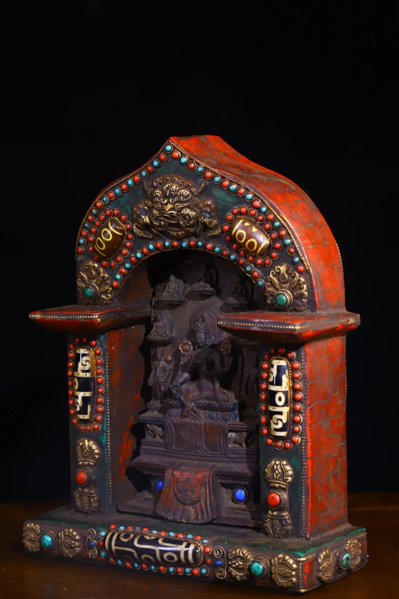 9"Tibet Temple Collection Old Bronze Painted Mosaic Gem gZi Beads Turquoise 8 Tara Statue Buddhist Niche Worship Hall Town house