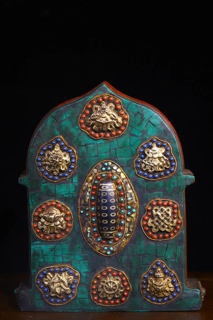 9"Tibet Temple Collection Old Bronze Painted Mosaic Gem gZi Beads Turquoise 8 Tara Statue Buddhist Niche Worship Hall Town house