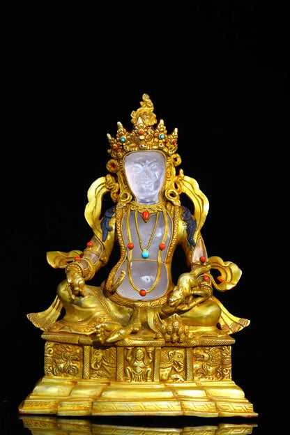 9"Tibet Temple Collection Old Natural Crystal Gilding Mosaic Gem Yellow Jambhala Buddha Buddha Platform Worship Hall Town house