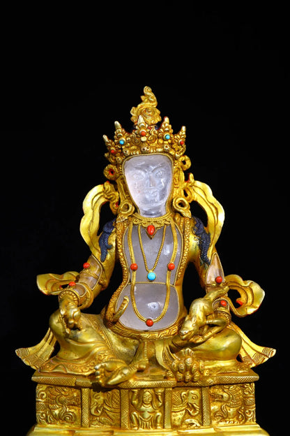 9"Tibet Temple Collection Old Natural Crystal Gilding Mosaic Gem Yellow Jambhala Buddha Buddha Platform Worship Hall Town house