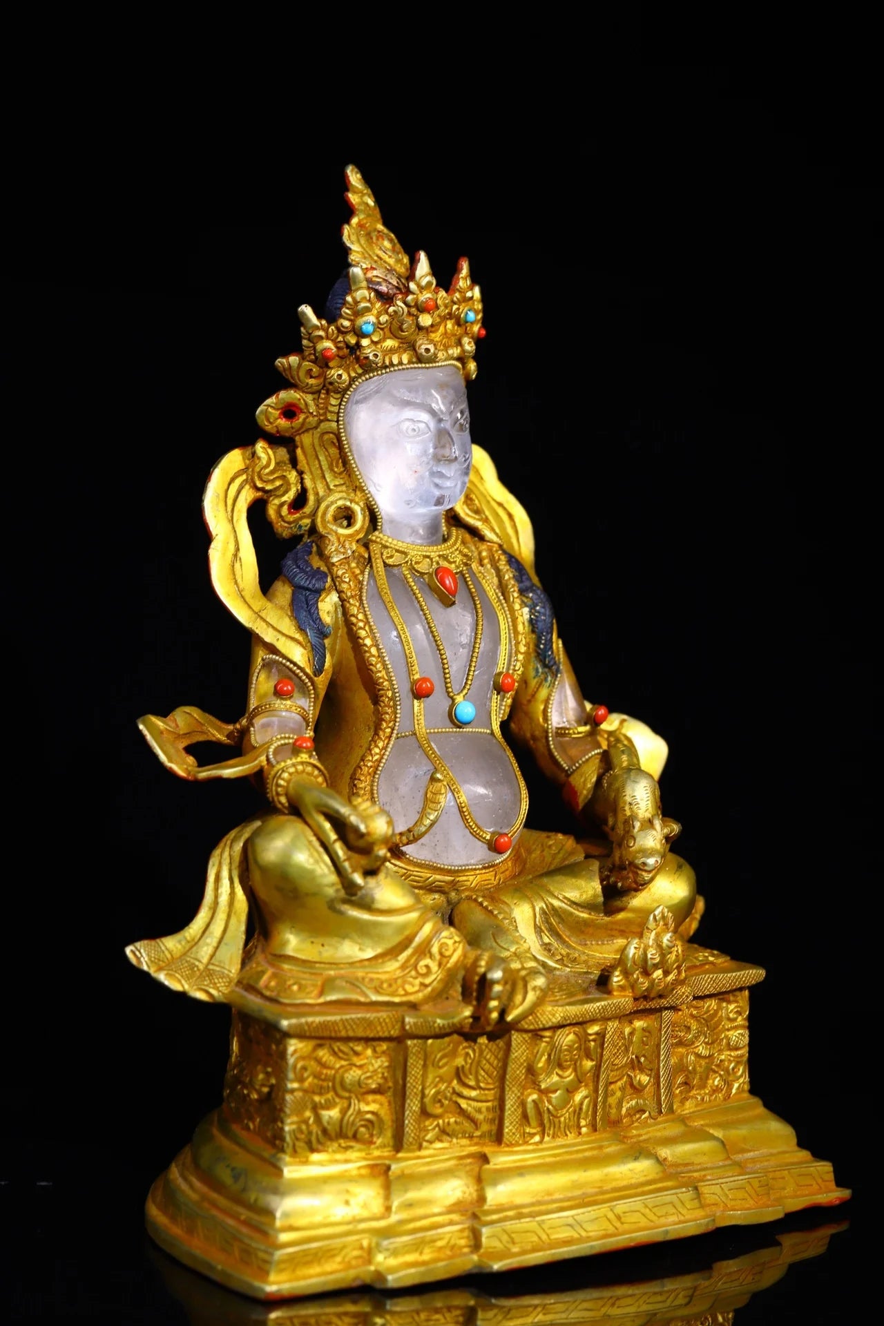 9"Tibet Temple Collection Old Natural Crystal Gilding Mosaic Gem Yellow Jambhala Buddha Buddha Platform Worship Hall Town house
