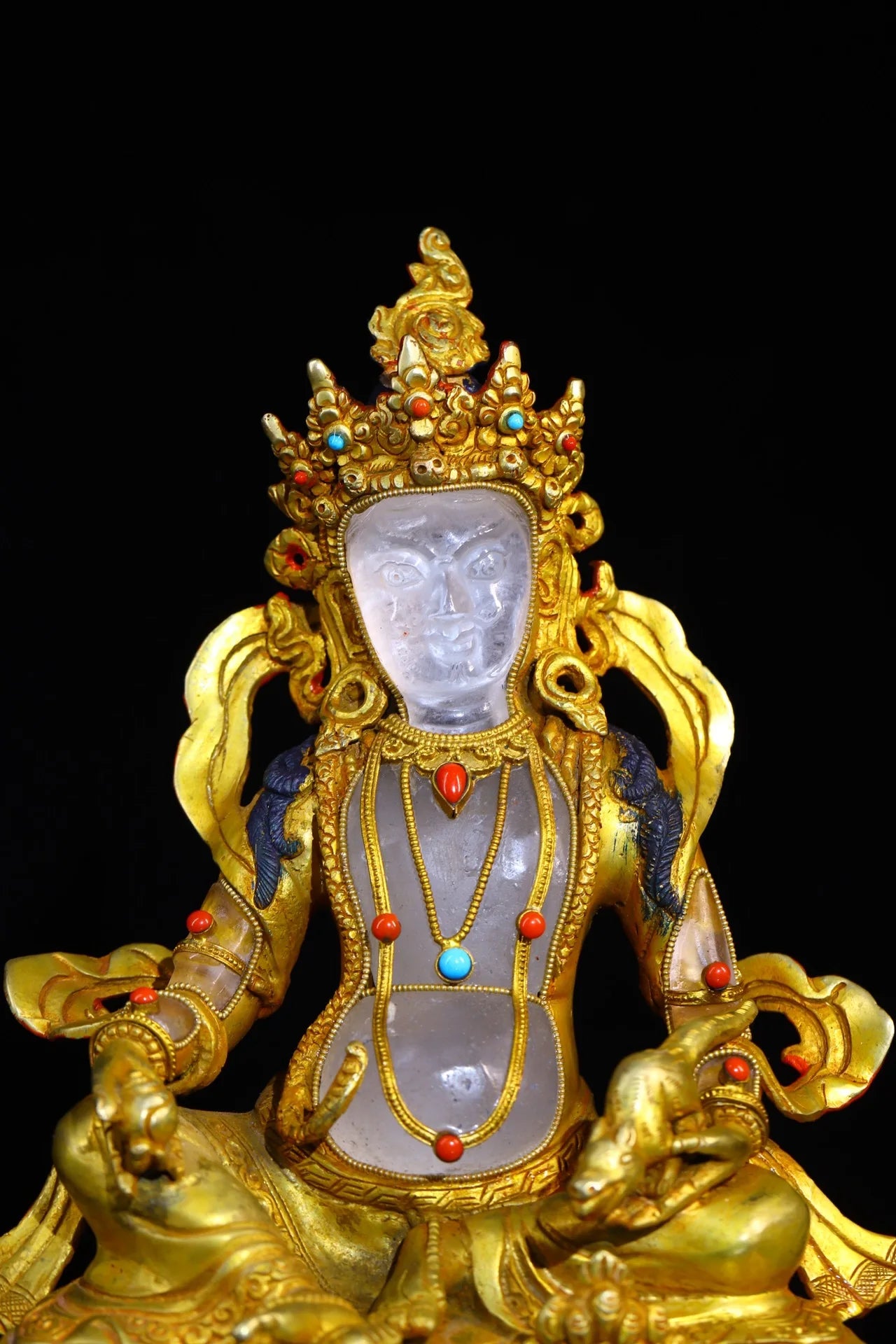 9"Tibet Temple Collection Old Natural Crystal Gilding Mosaic Gem Yellow Jambhala Buddha Buddha Platform Worship Hall Town house