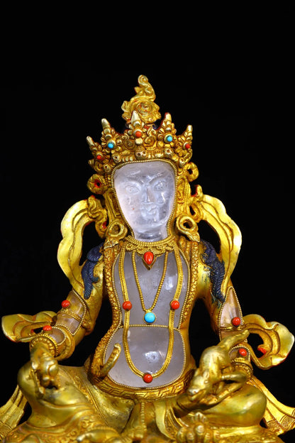 9"Tibet Temple Collection Old Natural Crystal Gilding Mosaic Gem Yellow Jambhala Buddha Buddha Platform Worship Hall Town house