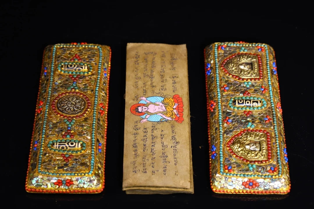 9"Tibet Temple Collection Old Old scriptures Tibetan silver Gilding Mosaic Gem gZi Beads Buddha scriptures Amulet Worship Hall