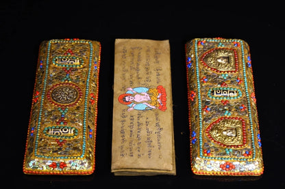 9"Tibet Temple Collection Old Old scriptures Tibetan silver Gilding Mosaic Gem gZi Beads Buddha scriptures Amulet Worship Hall