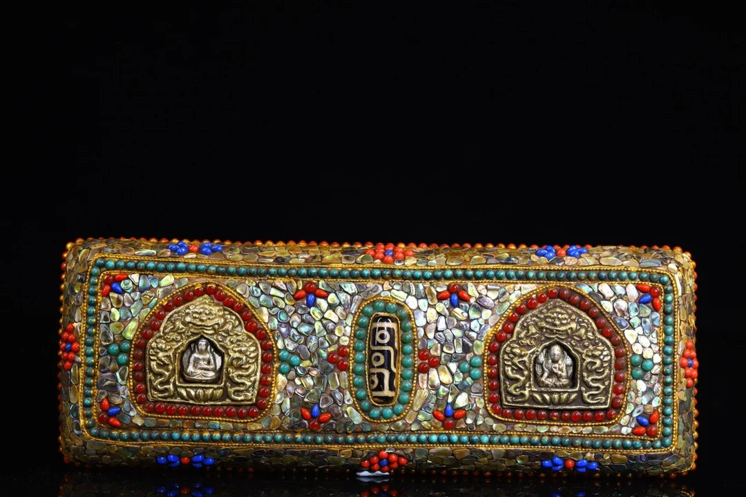 9"Tibet Temple Collection Old Old scriptures Tibetan silver Gilding Mosaic Gem gZi Beads Buddha scriptures Amulet Worship Hall