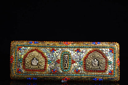 9"Tibet Temple Collection Old Old scriptures Tibetan silver Gilding Mosaic Gem gZi Beads Buddha scriptures Amulet Worship Hall