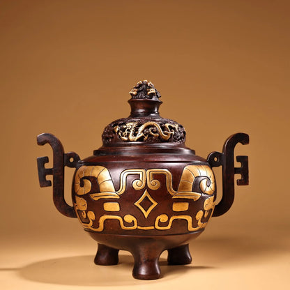 9"Tibet Temple Collection Old Purple Bronze Gilded True Gold relief language script patterns Dragon Cover Incense burner