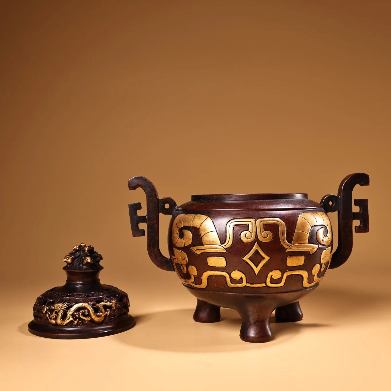 9"Tibet Temple Collection Old Purple Bronze Gilded True Gold relief language script patterns Dragon Cover Incense burner