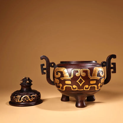 9"Tibet Temple Collection Old Purple Bronze Gilded True Gold relief language script patterns Dragon Cover Incense burner