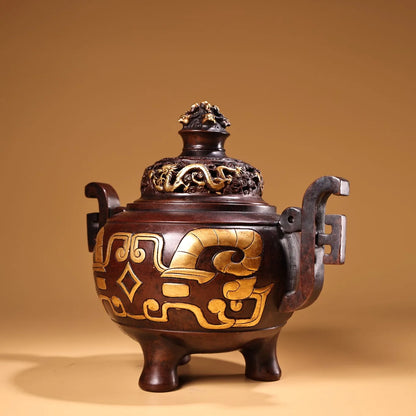 9"Tibet Temple Collection Old Purple Bronze Gilded True Gold relief language script patterns Dragon Cover Incense burner