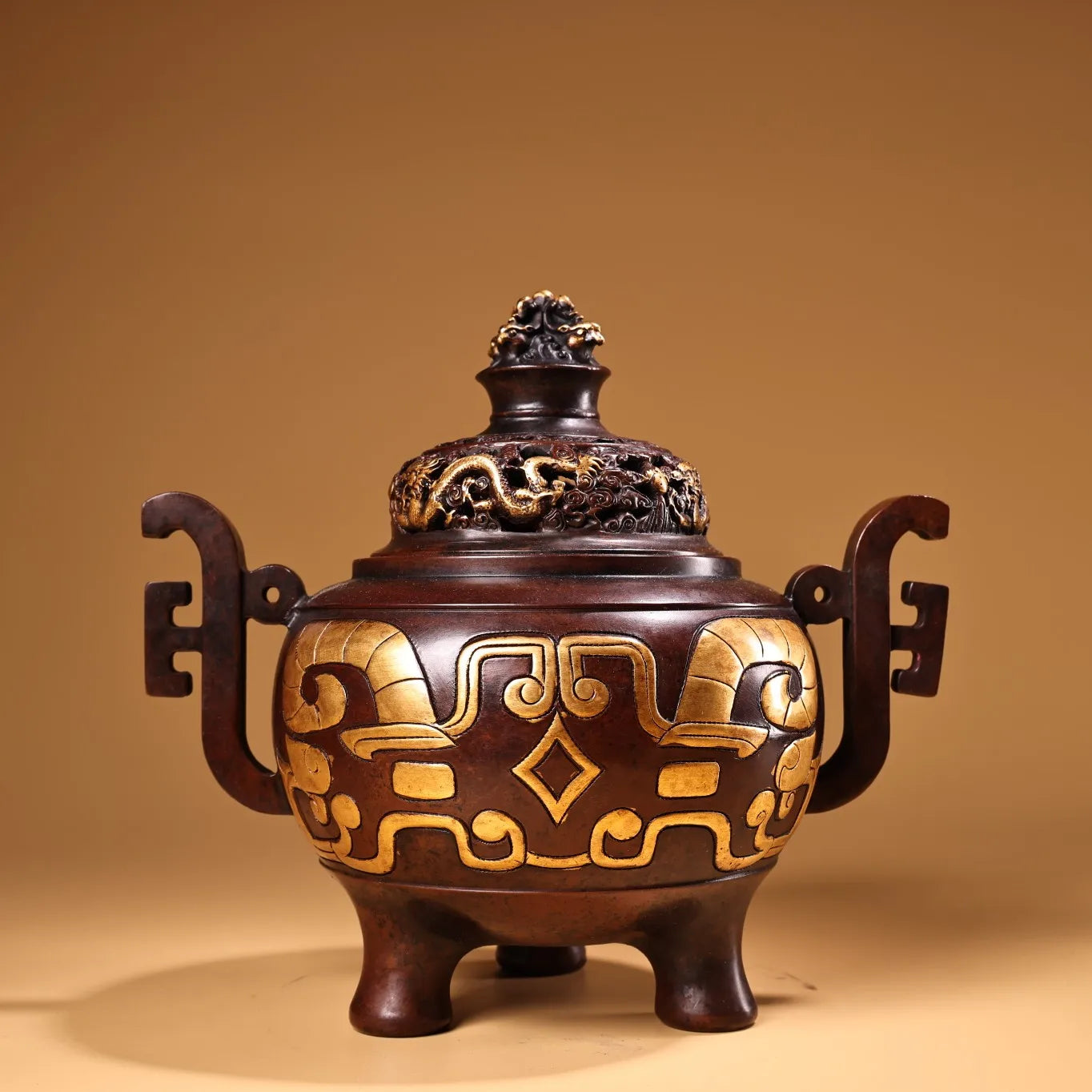 9"Tibet Temple Collection Old Purple Bronze Gilded True Gold relief language script patterns Dragon Cover Incense burner