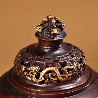 9"Tibet Temple Collection Old Purple Bronze Gilded True Gold relief language script patterns Dragon Cover Incense burner