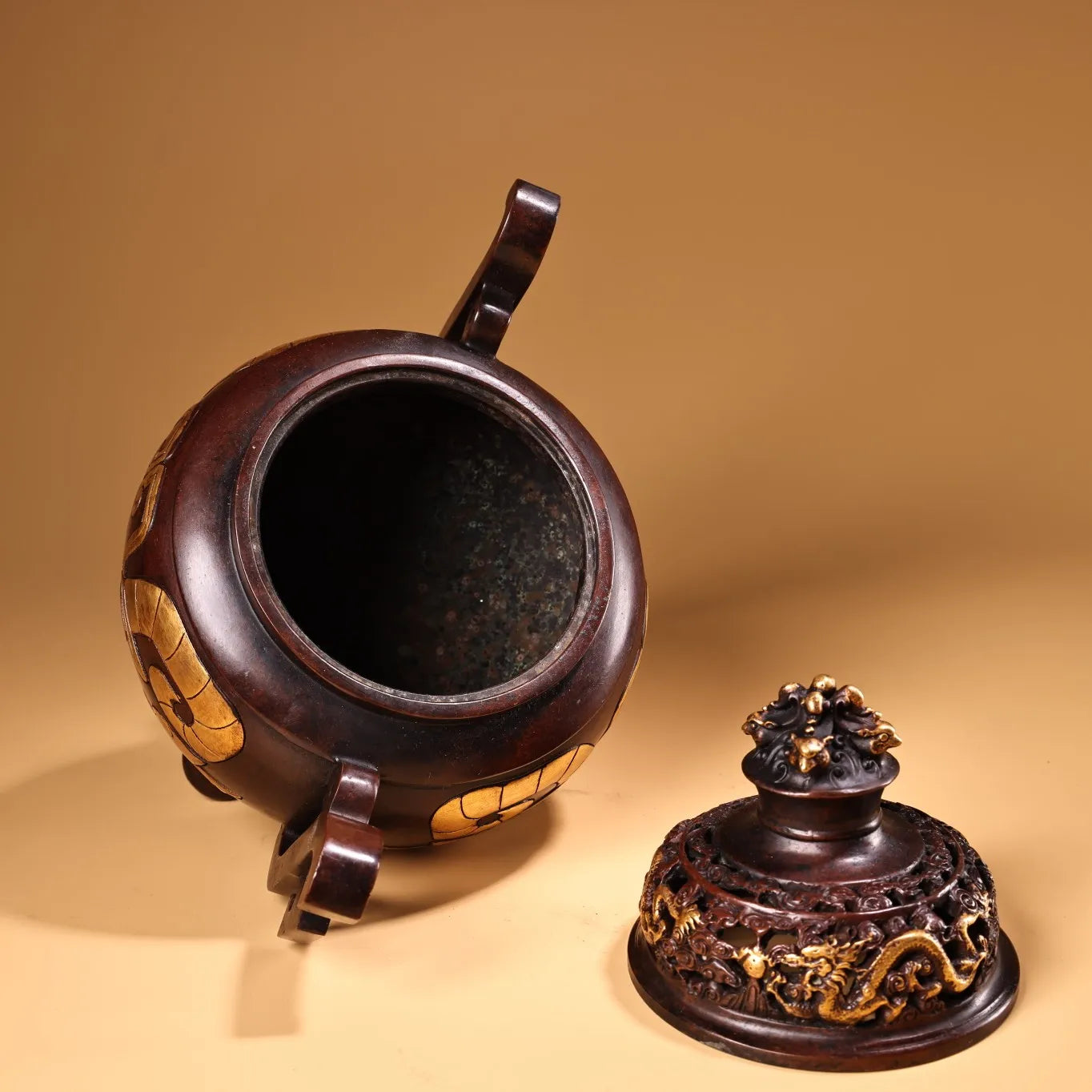 9"Tibet Temple Collection Old Purple Bronze Gilded True Gold relief language script patterns Dragon Cover Incense burner