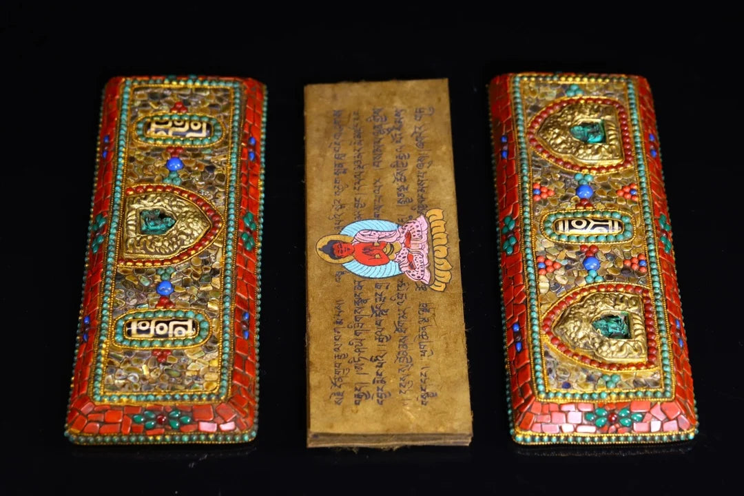 9"Tibet Temple Collection Tibetan silver Mosaic Gem Beast head lock Manjusri Old scriptures blessings Worship Hall Town house