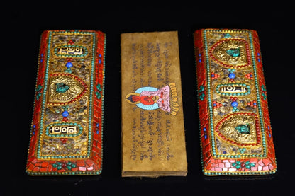 9"Tibet Temple Collection Tibetan silver Mosaic Gem Beast head lock Manjusri Old scriptures blessings Worship Hall Town house