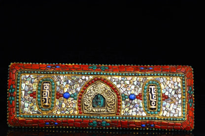 9"Tibet Temple Collection Tibetan silver Mosaic Gem Beast head lock Manjusri Old scriptures blessings Worship Hall Town house