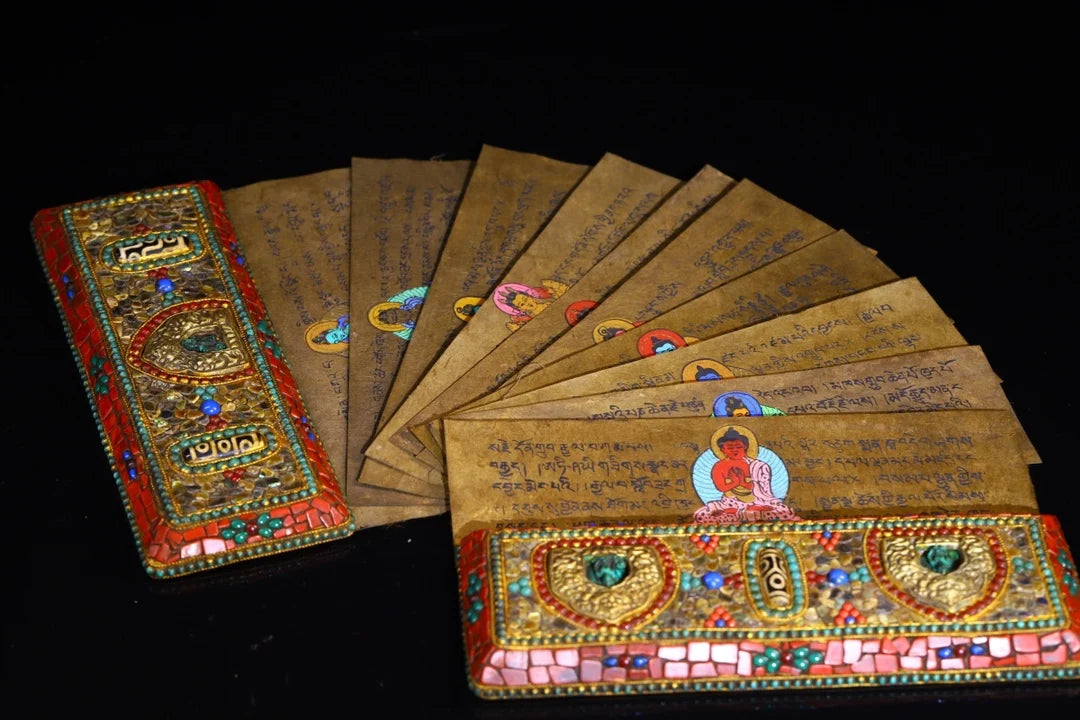 9"Tibet Temple Collection Tibetan silver Mosaic Gem Beast head lock Manjusri Old scriptures blessings Worship Hall Town house