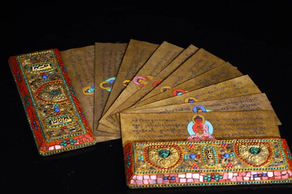 9"Tibet Temple Collection Tibetan silver Mosaic Gem Beast head lock Manjusri Old scriptures blessings Worship Hall Town house
