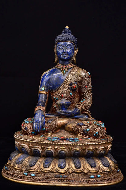 9"Tibet temple Old Natural lapis lazuli Tibetan silver Gilt Mosaic Gem Shakyamuni Sitting Buddha Worship Hall Town house