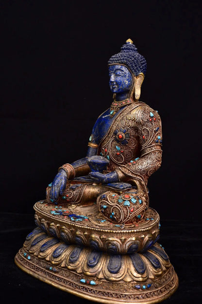 9"Tibet temple Old Natural lapis lazuli Tibetan silver Gilt Mosaic Gem Shakyamuni Sitting Buddha Worship Hall Town house