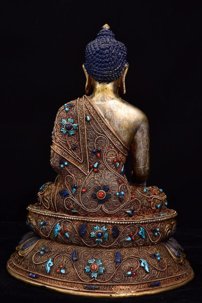 9"Tibet temple Old Natural lapis lazuli Tibetan silver Gilt Mosaic Gem Shakyamuni Sitting Buddha Worship Hall Town house