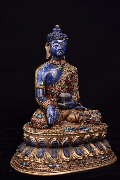 9"Tibet temple Old Natural lapis lazuli Tibetan silver Gilt Mosaic Gem Shakyamuni Sitting Buddha Worship Hall Town house