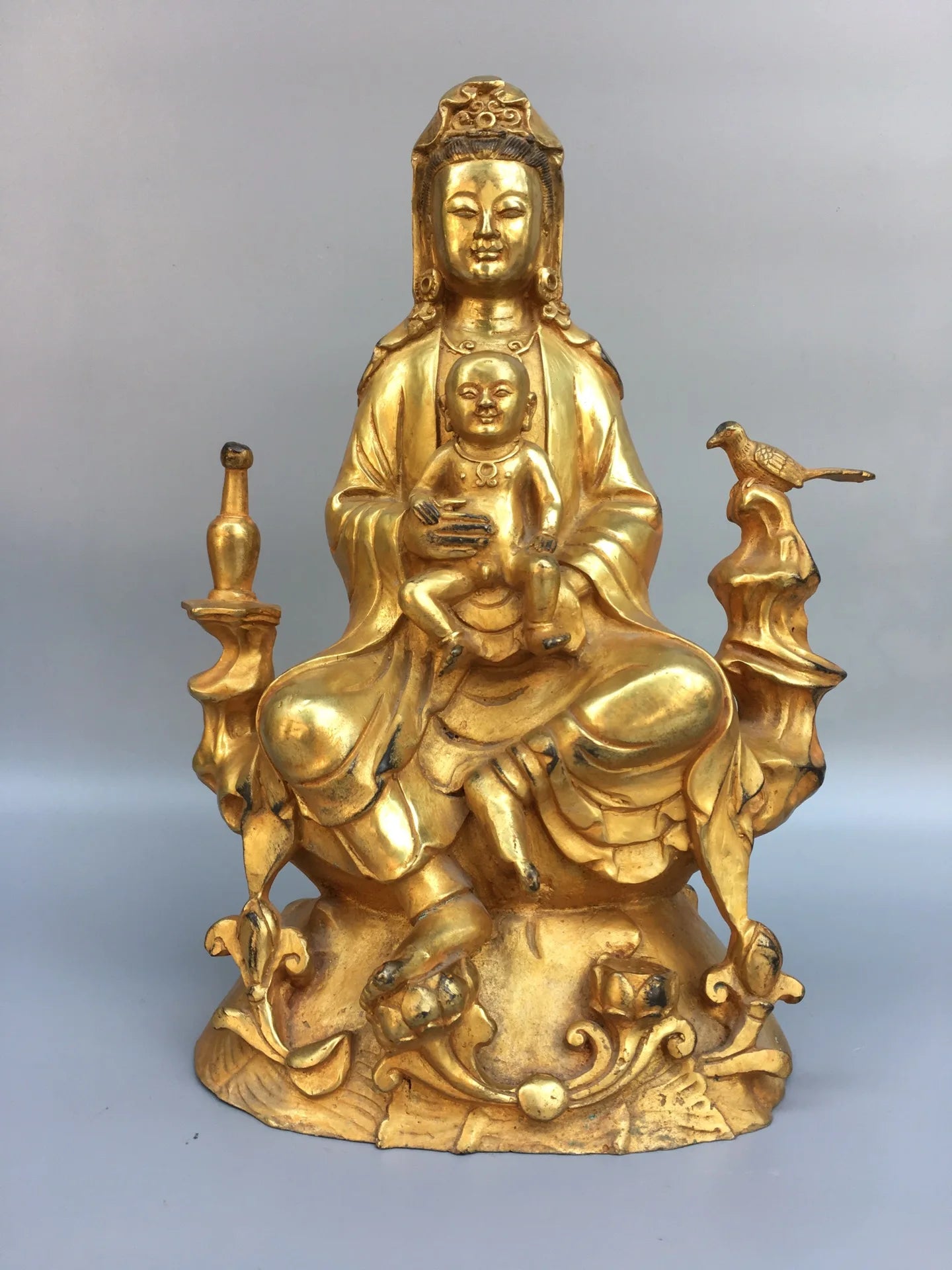 9"Tibetan Temple Collection Bronze Gilt Sending a child Guanyin Bodhisattva Buddha Worship Hall Town house