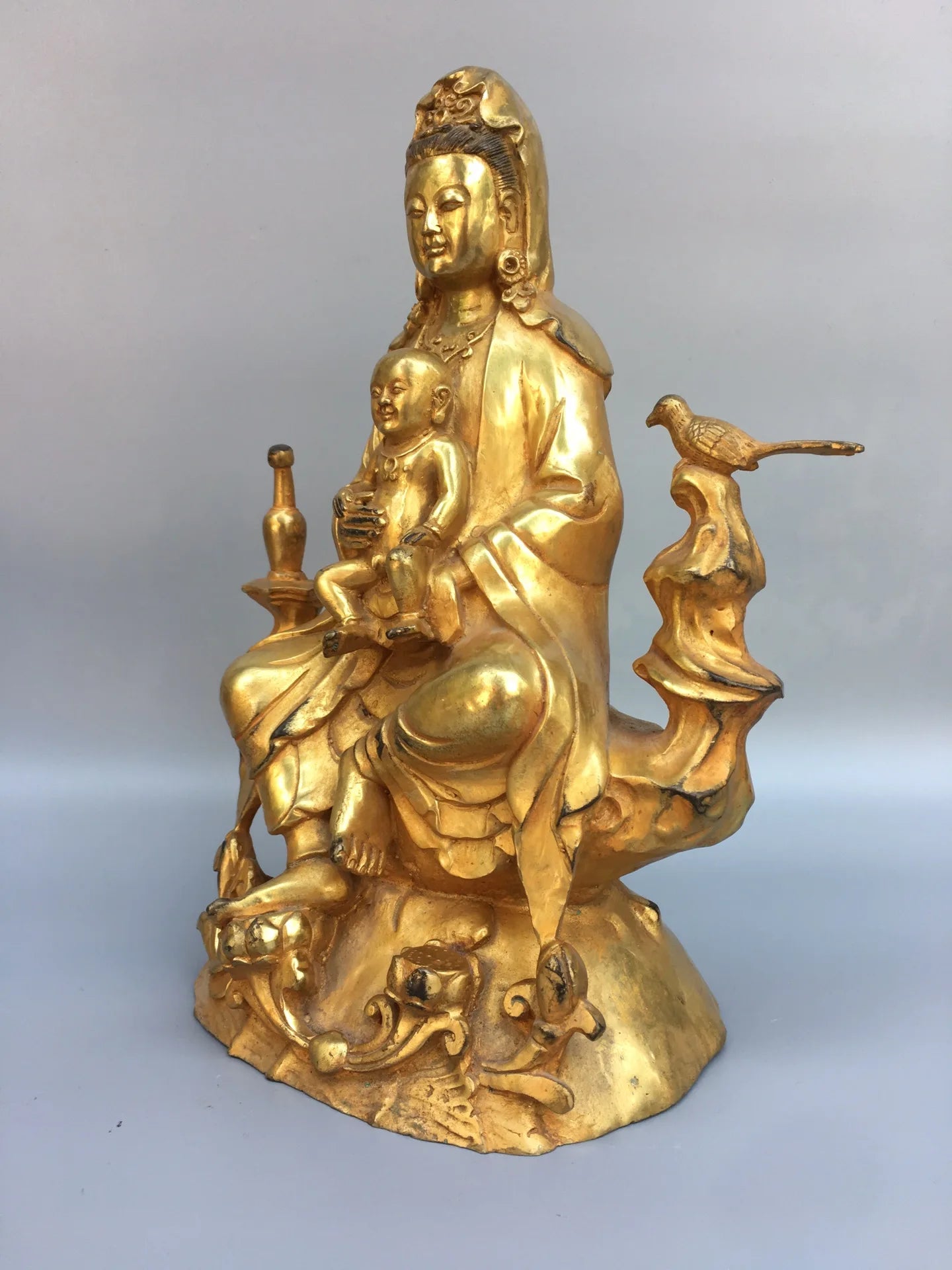 9"Tibetan Temple Collection Bronze Gilt Sending a child Guanyin Bodhisattva Buddha Worship Hall Town house