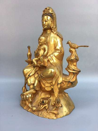 9"Tibetan Temple Collection Bronze Gilt Sending a child Guanyin Bodhisattva Buddha Worship Hall Town house