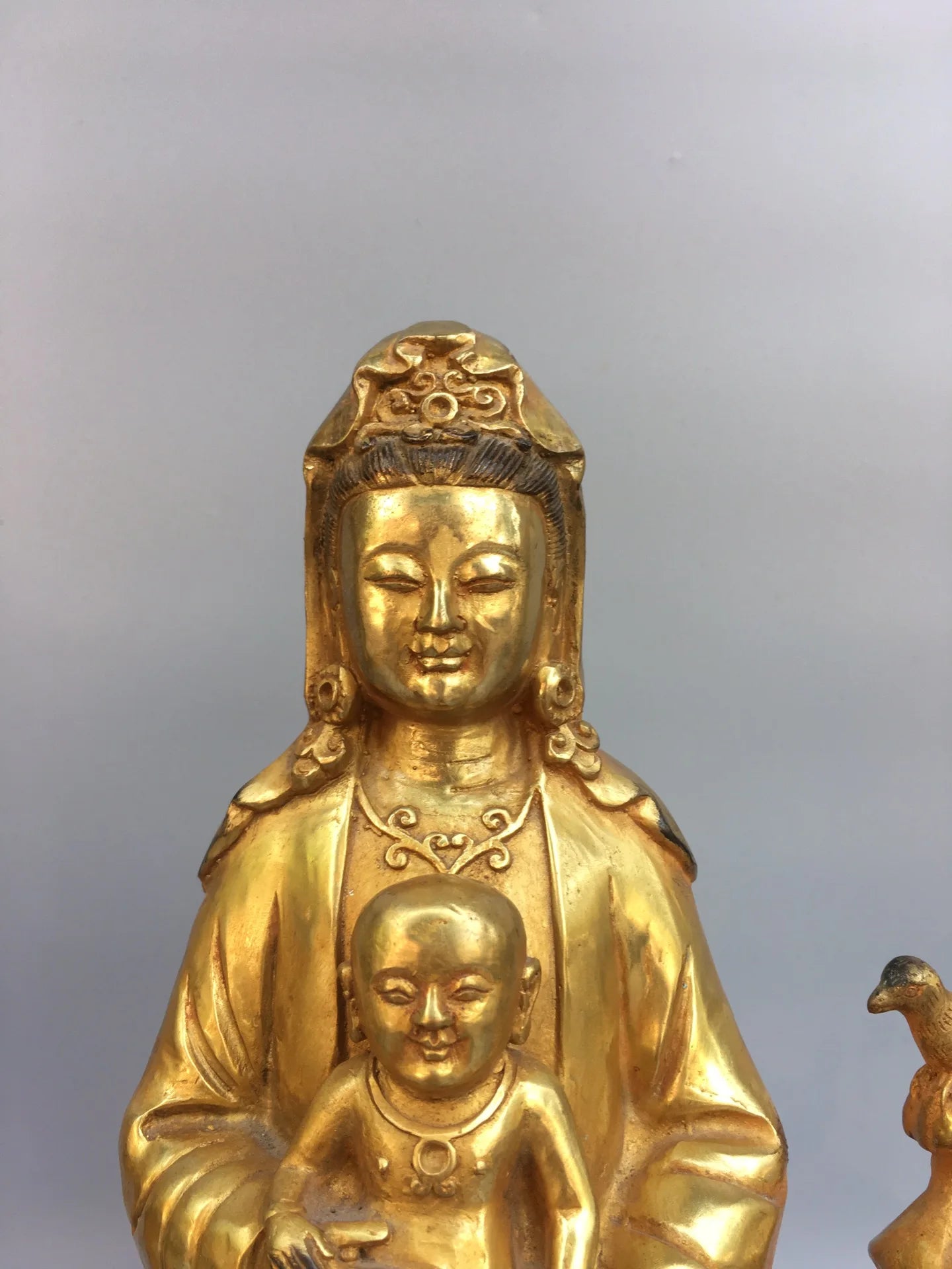 9"Tibetan Temple Collection Bronze Gilt Sending a child Guanyin Bodhisattva Buddha Worship Hall Town house