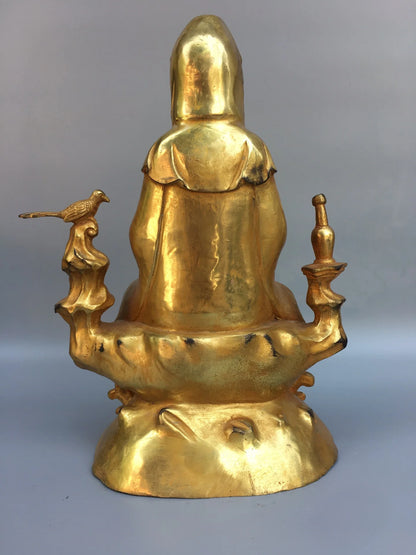 9"Tibetan Temple Collection Bronze Gilt Sending a child Guanyin Bodhisattva Buddha Worship Hall Town house