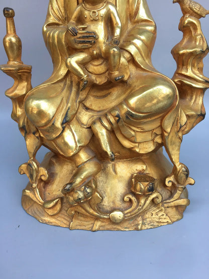 9"Tibetan Temple Collection Bronze Gilt Sending a child Guanyin Bodhisattva Buddha Worship Hall Town house