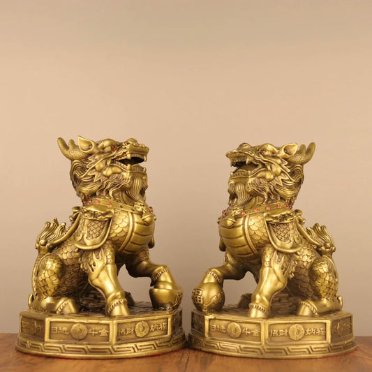 9"Tibetan Temple Collection Old Brass Mosaic Gem Eight Trigrams wealth Kylin Statue  Unicorn A pair Amass wealth Ornaments