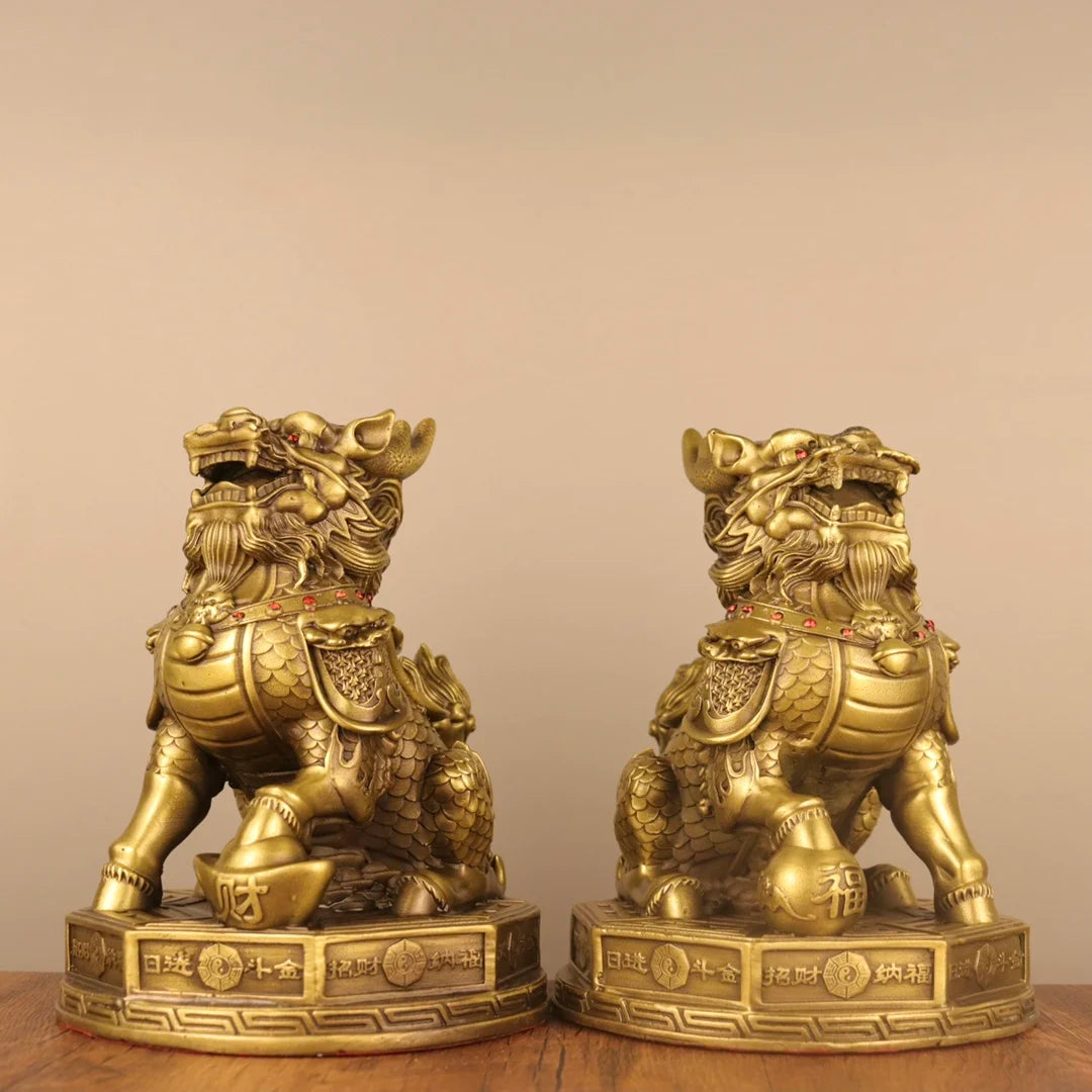 9"Tibetan Temple Collection Old Brass Mosaic Gem Eight Trigrams wealth Kylin Statue  Unicorn A pair Amass wealth Ornaments