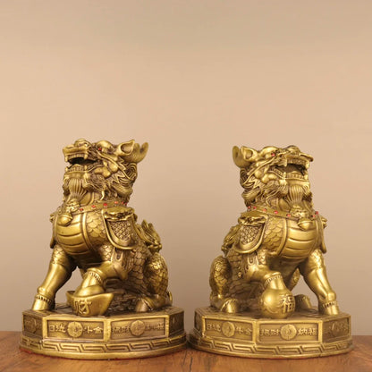 9"Tibetan Temple Collection Old Brass Mosaic Gem Eight Trigrams wealth Kylin Statue  Unicorn A pair Amass wealth Ornaments