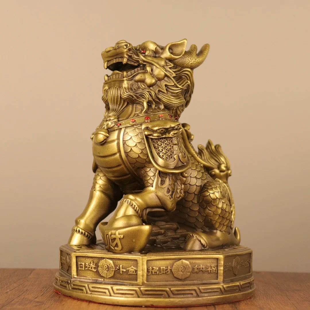 9"Tibetan Temple Collection Old Brass Mosaic Gem Eight Trigrams wealth Kylin Statue  Unicorn A pair Amass wealth Ornaments