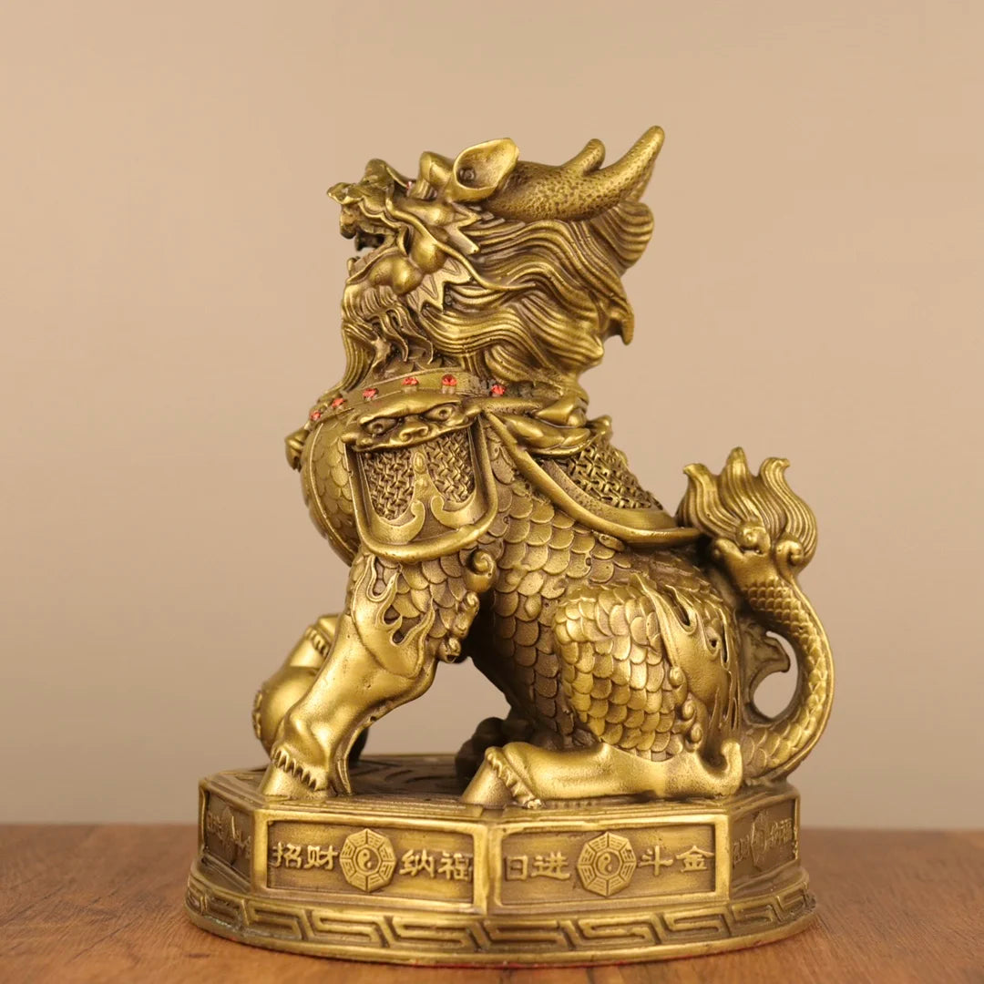 9"Tibetan Temple Collection Old Brass Mosaic Gem Eight Trigrams wealth Kylin Statue  Unicorn A pair Amass wealth Ornaments