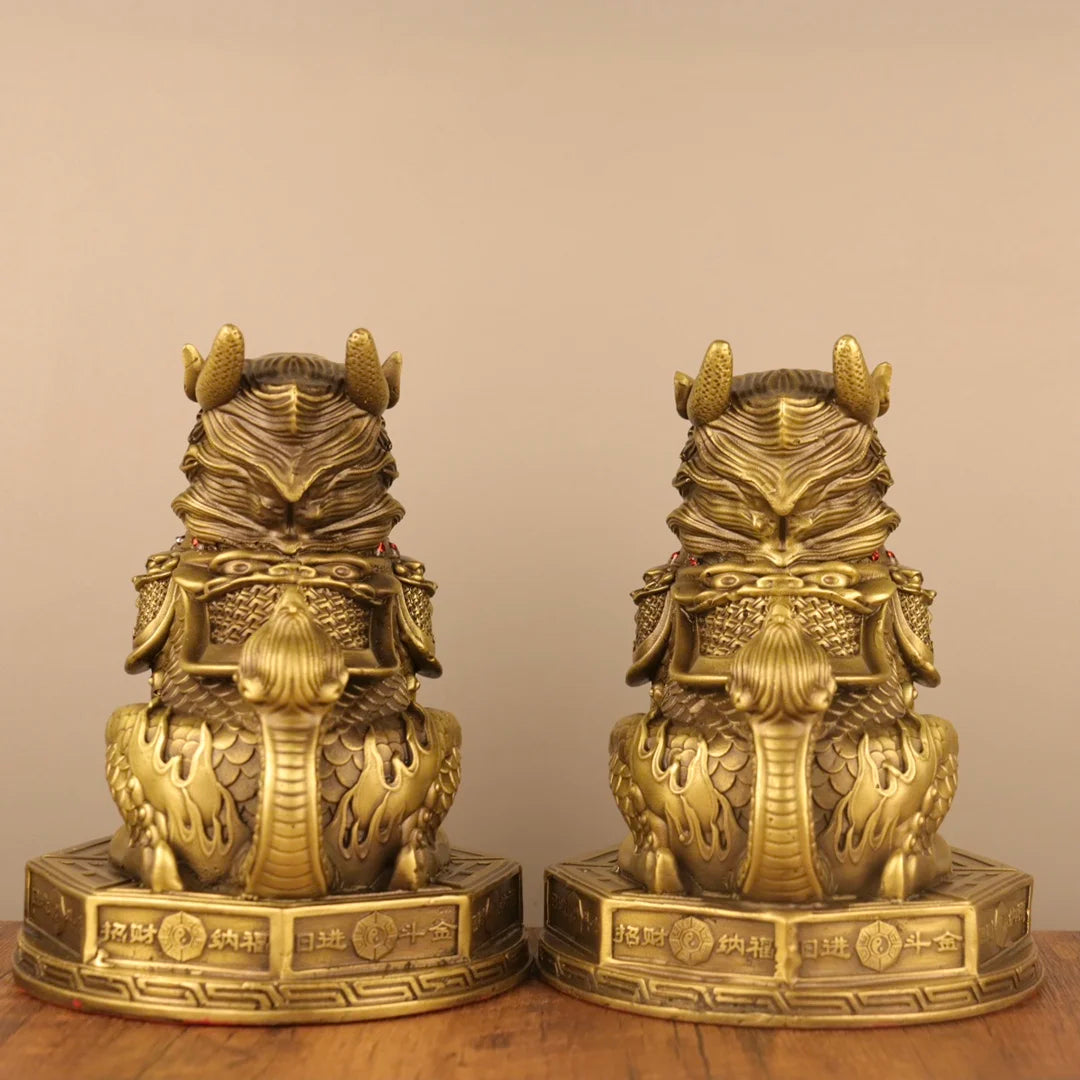 9"Tibetan Temple Collection Old Brass Mosaic Gem Eight Trigrams wealth Kylin Statue  Unicorn A pair Amass wealth Ornaments