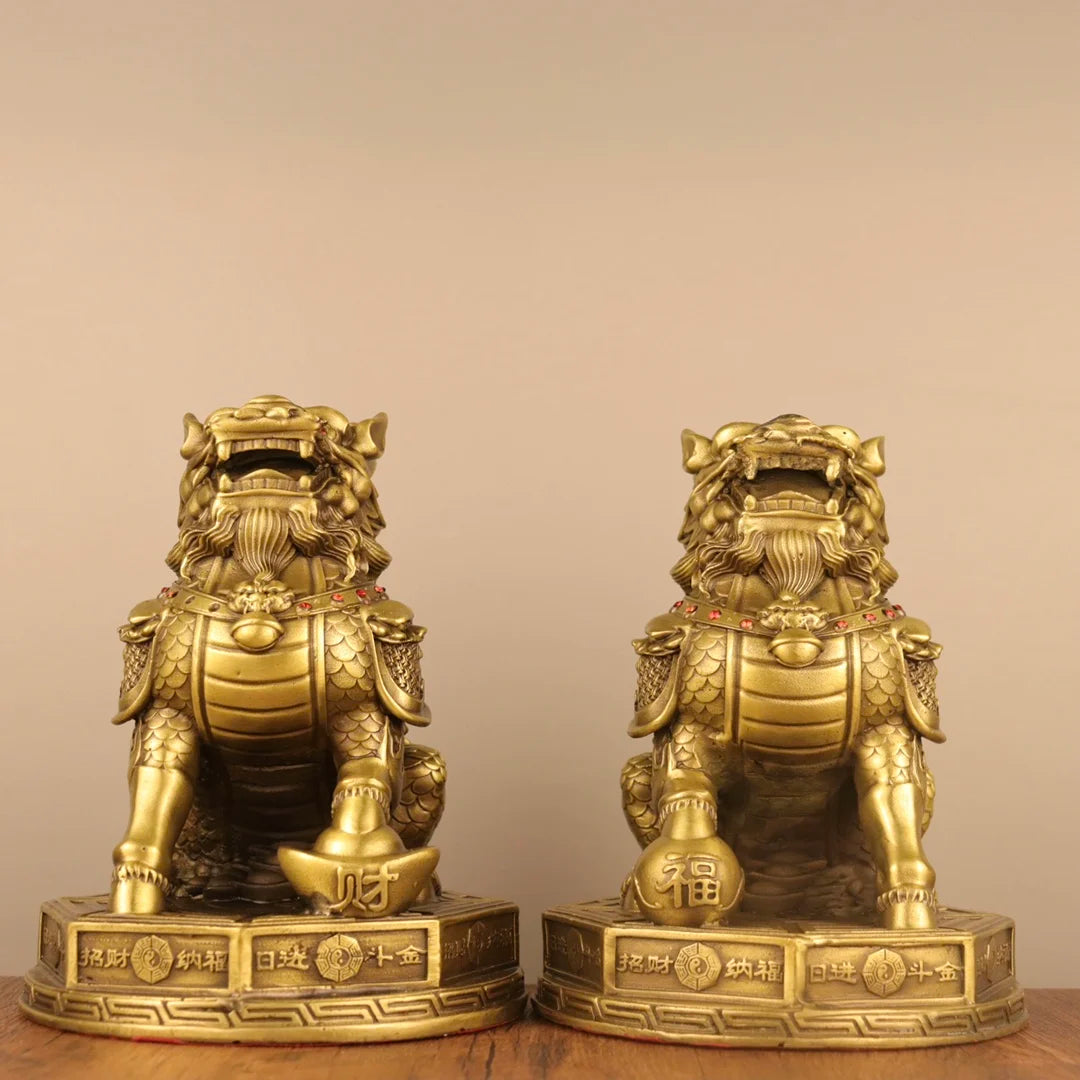9"Tibetan Temple Collection Old Brass Mosaic Gem Eight Trigrams wealth Kylin Statue  Unicorn A pair Amass wealth Ornaments