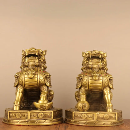 9"Tibetan Temple Collection Old Brass Mosaic Gem Eight Trigrams wealth Kylin Statue  Unicorn A pair Amass wealth Ornaments