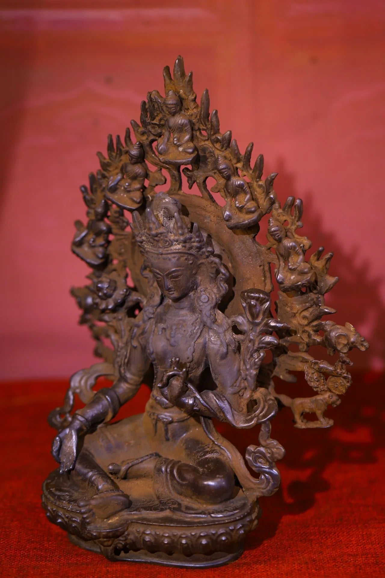9"Tibetan Temple Collection Old Bronze Cinnabar Green Tara Sitting Buddha Backlight Buddhist Niche Worship Hall Town house
