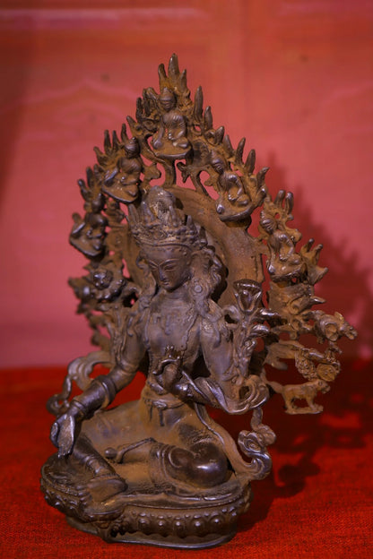 9"Tibetan Temple Collection Old Bronze Cinnabar Green Tara Sitting Buddha Backlight Buddhist Niche Worship Hall Town house