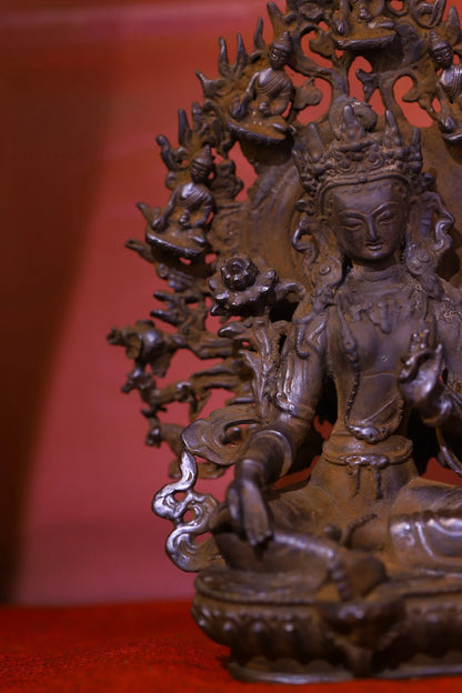 9"Tibetan Temple Collection Old Bronze Cinnabar Green Tara Sitting Buddha Backlight Buddhist Niche Worship Hall Town house