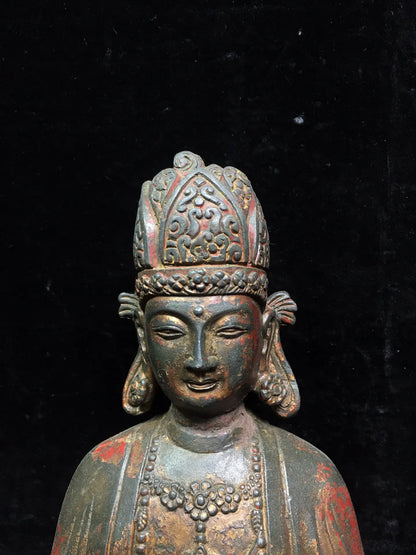 9"Tibetan Temple Collection Old Bronze Cinnabar Lacquer Muyu lotus Guanyin Bodhisattva Sitting Buddha Worship Hall Town house