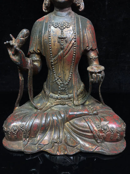 9"Tibetan Temple Collection Old Bronze Cinnabar Lacquer Muyu lotus Guanyin Bodhisattva Sitting Buddha Worship Hall Town house