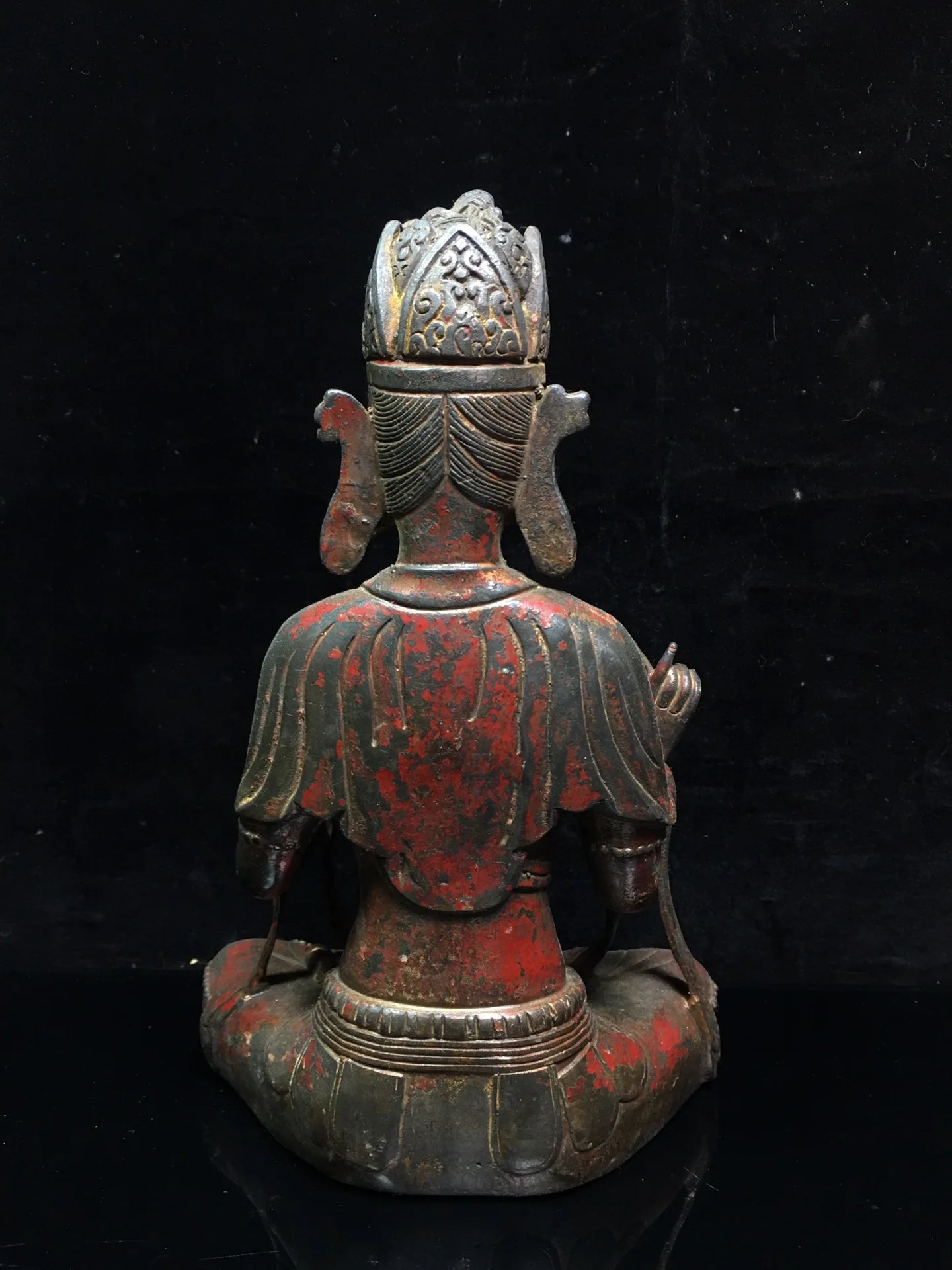 9"Tibetan Temple Collection Old Bronze Cinnabar Lacquer Muyu lotus Guanyin Bodhisattva Sitting Buddha Worship Hall Town house