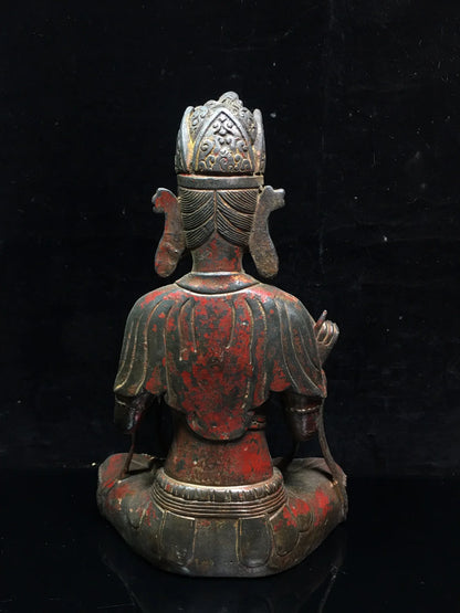 9"Tibetan Temple Collection Old Bronze Cinnabar Lacquer Muyu lotus Guanyin Bodhisattva Sitting Buddha Worship Hall Town house